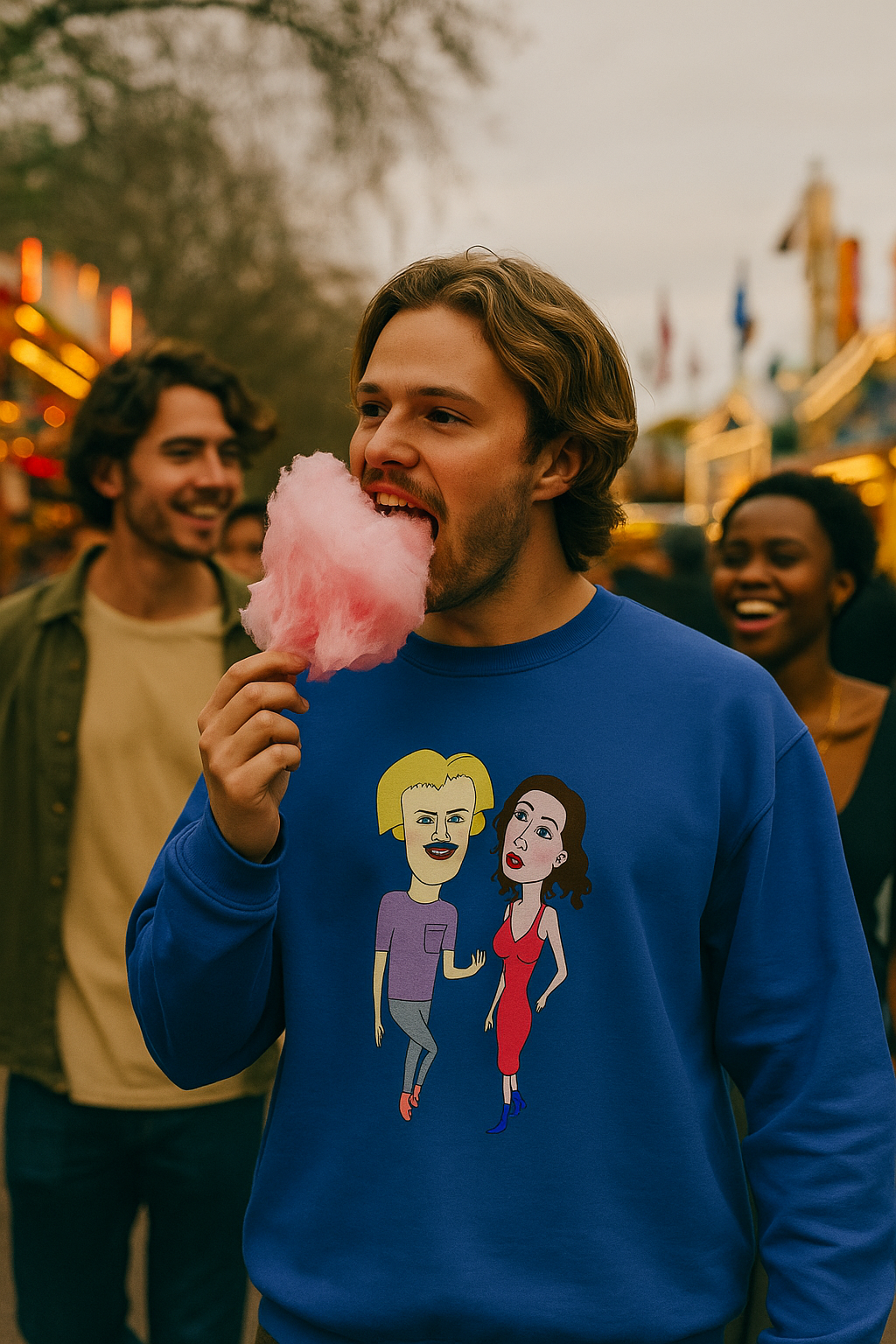 Man wearing a blue cartoon couple graphic sweatshirt while holding cotton candy in a colorful outdoor setting