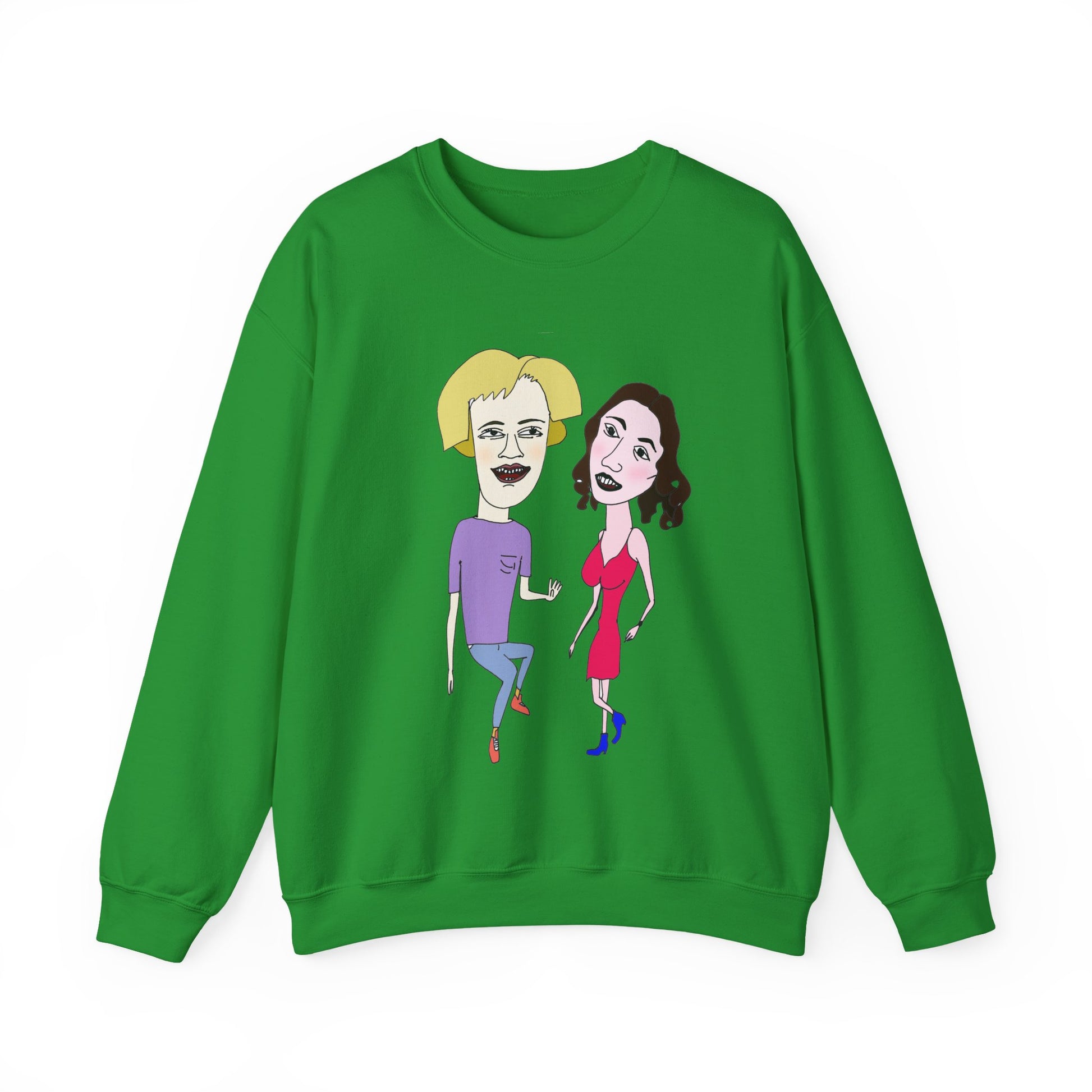 Green crewneck sweatshirt with colorful cartoon couple artwork on the front