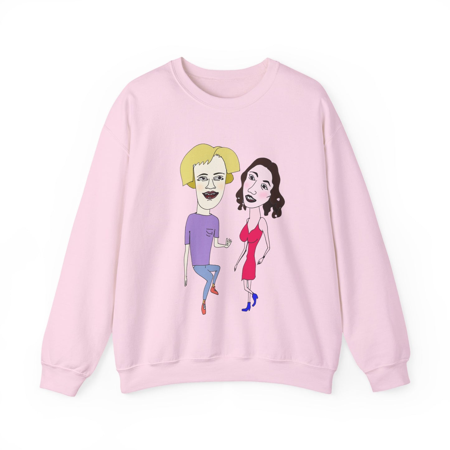 Light pink crewneck sweatshirt with colorful cartoon couple artwork on the front