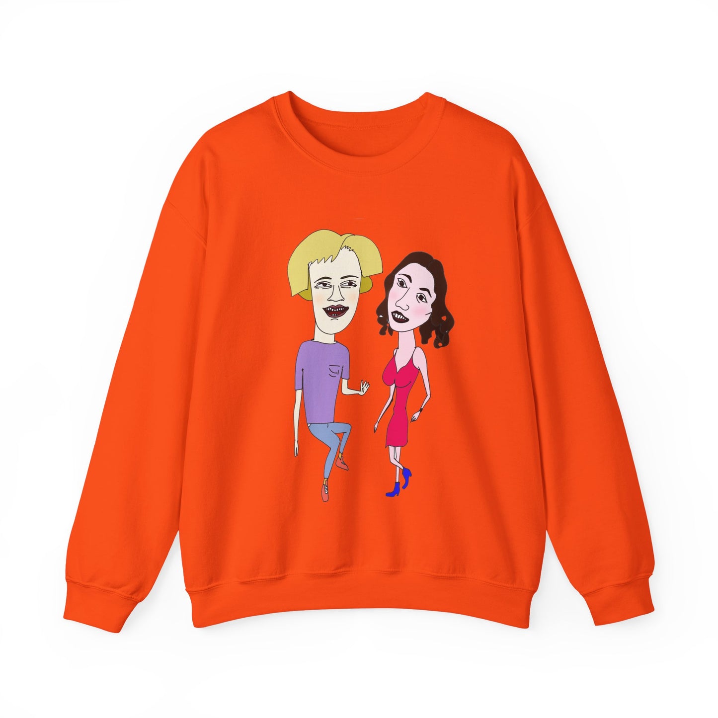 Orange crewneck sweatshirt with colorful cartoon couple artwork on the front