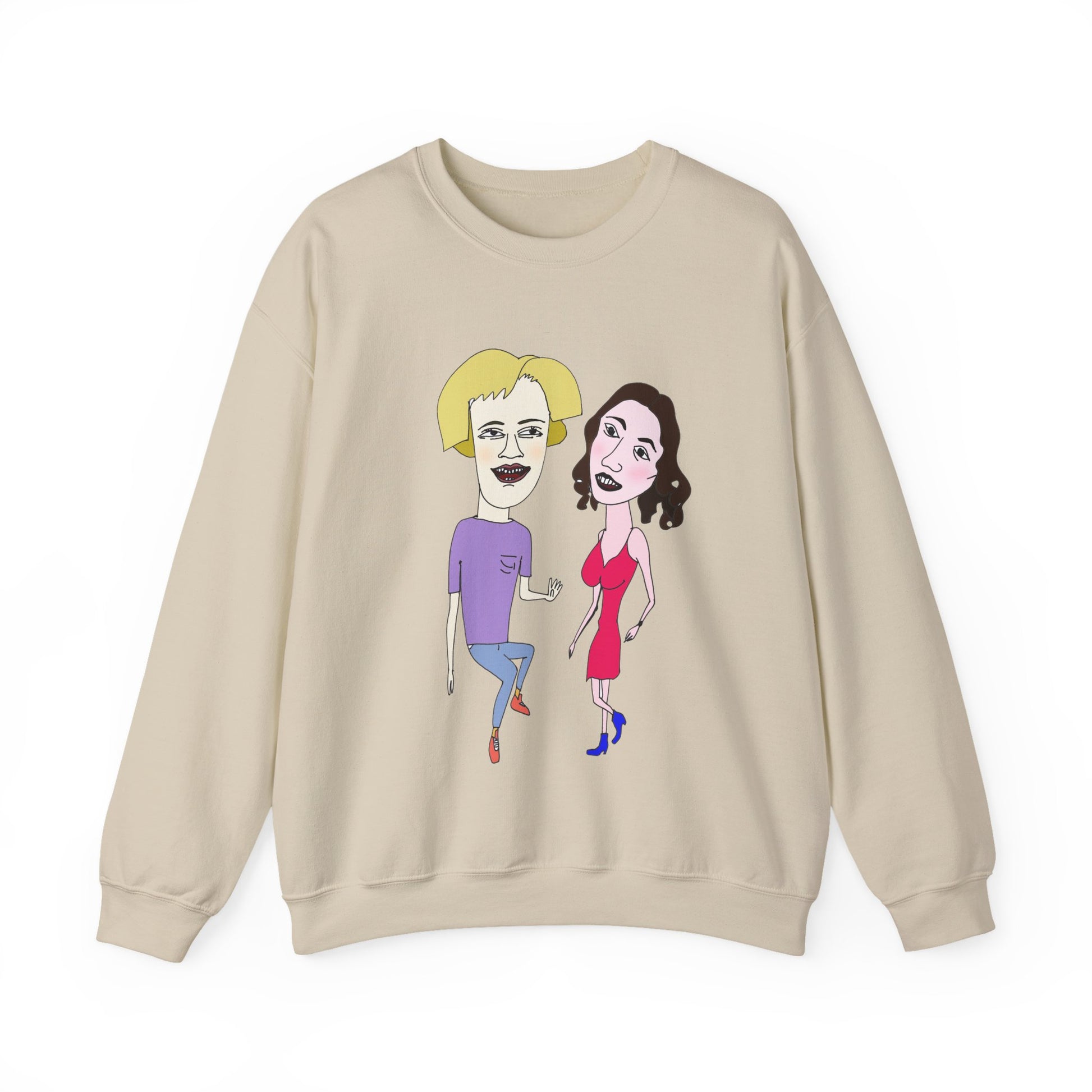 Sand beige crewneck sweatshirt with colorful cartoon couple artwork on the front