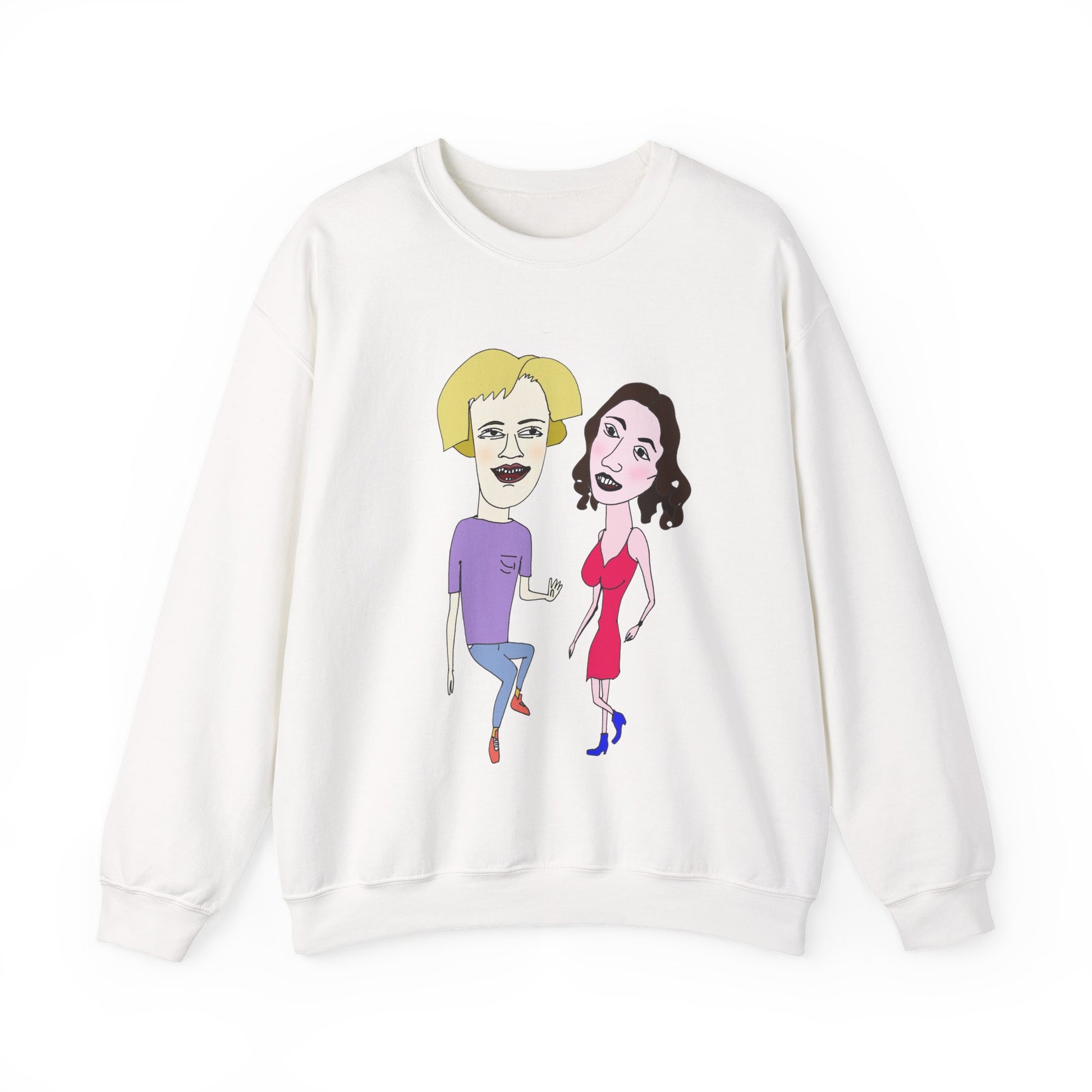 White crewneck sweatshirt with colorful cartoon couple artwork on the front