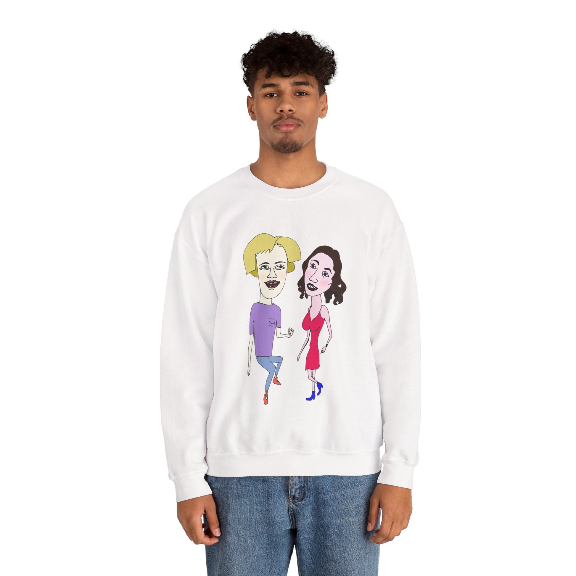 Male model wearing a white cartoon couple graphic crewneck sweatshirt