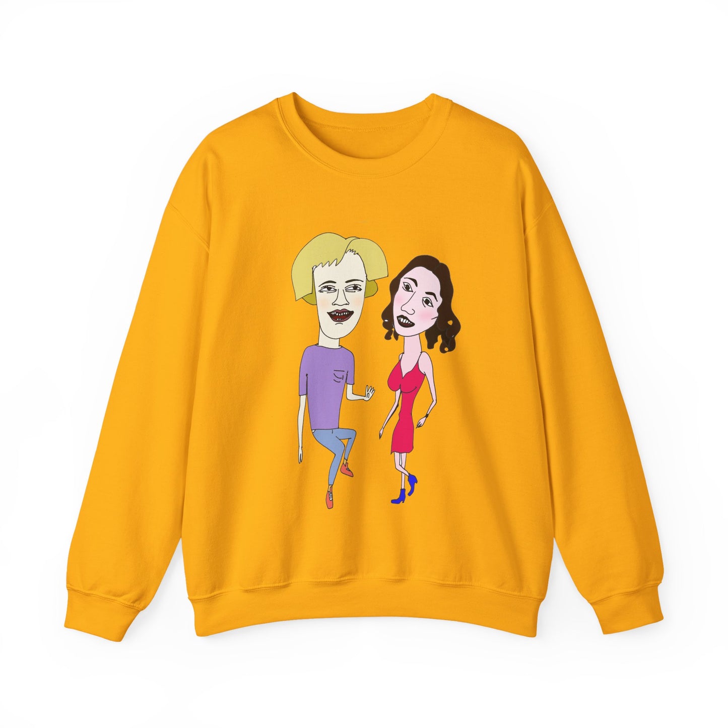 Yellow crewneck sweatshirt with colorful cartoon couple artwork on the front