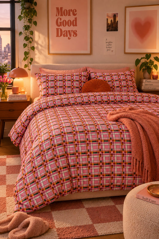 Cartoon pink plaid cotton duvet cover set styled on a queen bed in a modern young professional bedroom
