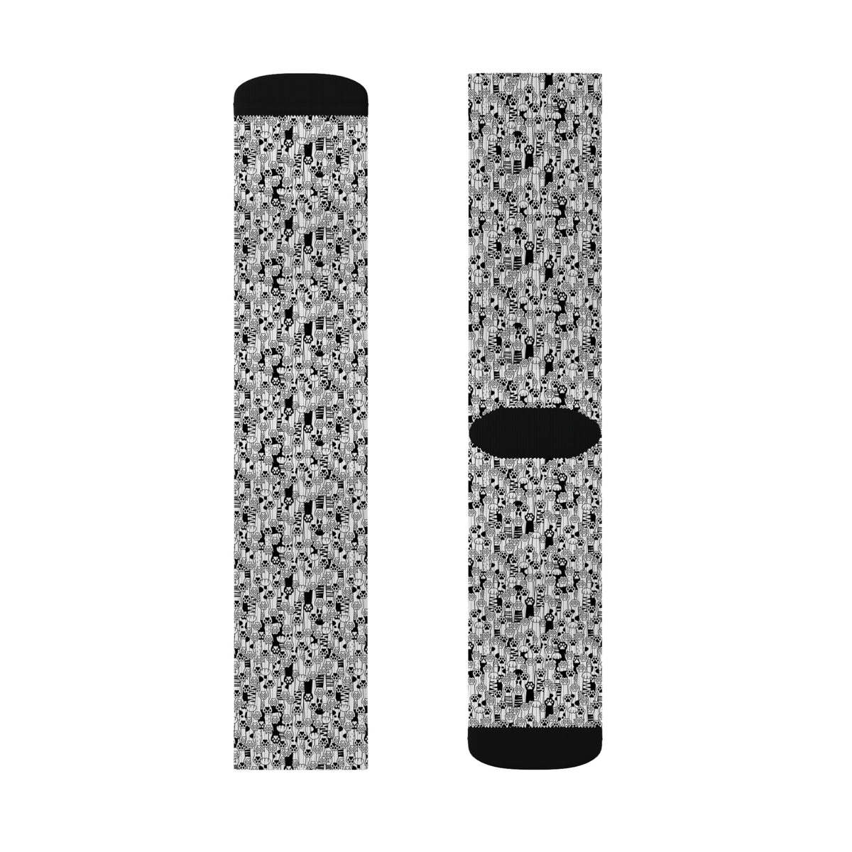 Front and back product views of cat paw print crew socks with black toe and heel accents.