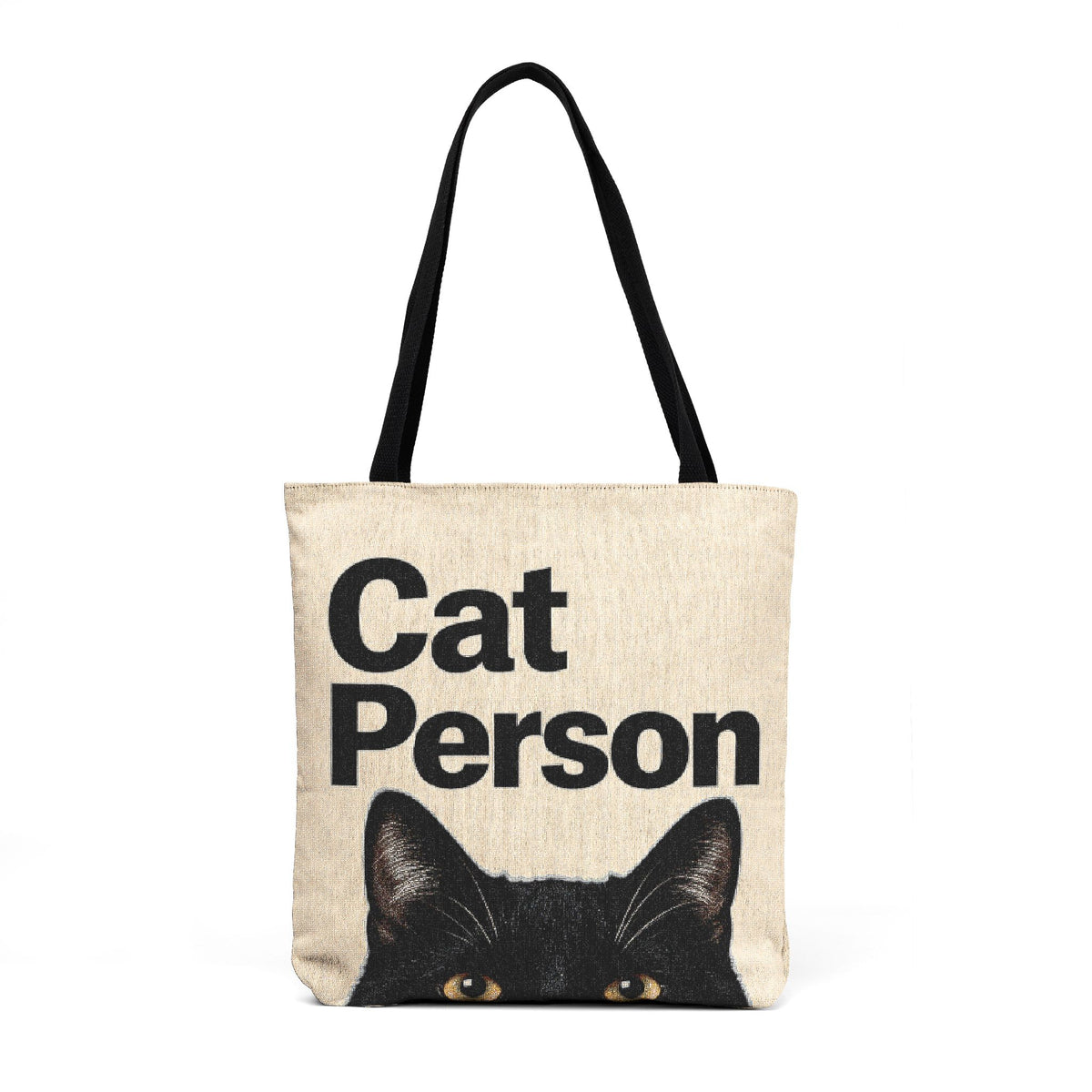Front view of Cat Person tote bag with bold black text and peeking black cat graphic