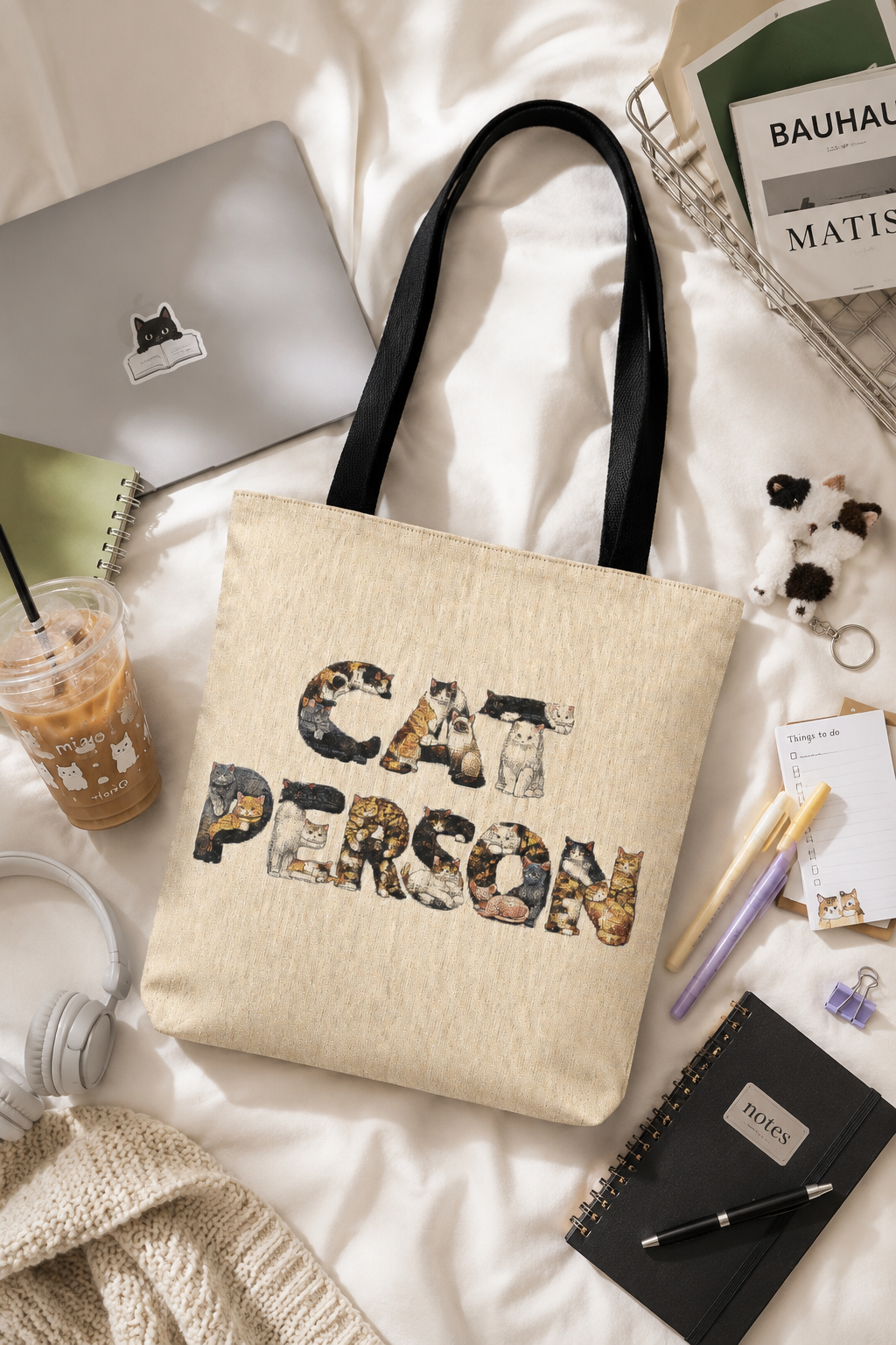 Cat Person woven tote bag in a youthful flat lay with a laptop, notebooks, headphones, iced coffee and college supplies