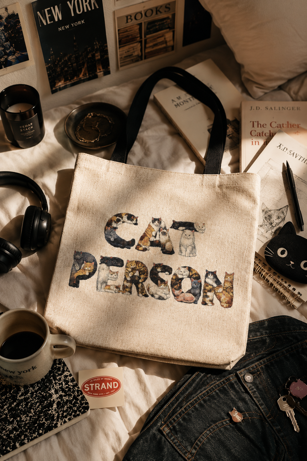Cat Person woven tote bag in a cinematic college flat lay with books, headphones, coffee and New York accessories