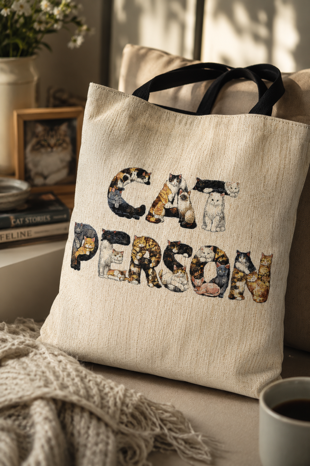 Close-up of the Cat Person woven tote bag showing its soft textured fabric, cat artwork and black cotton straps