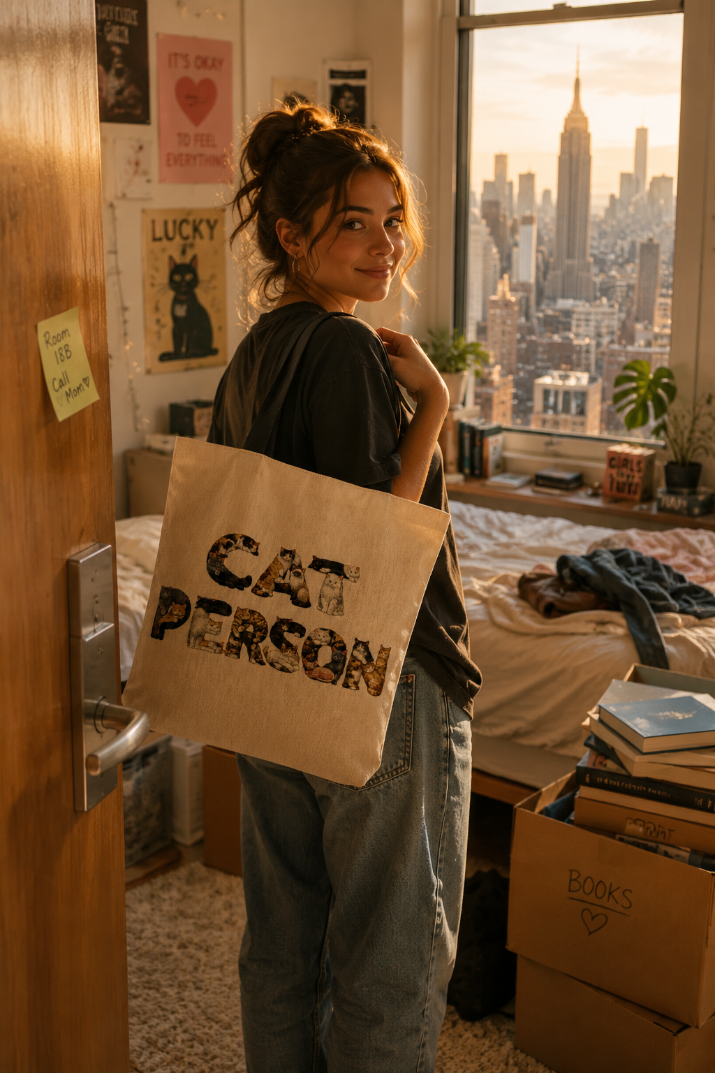 Gen Z college student carrying the Cat Person woven tote bag while arriving at a New York City dorm room