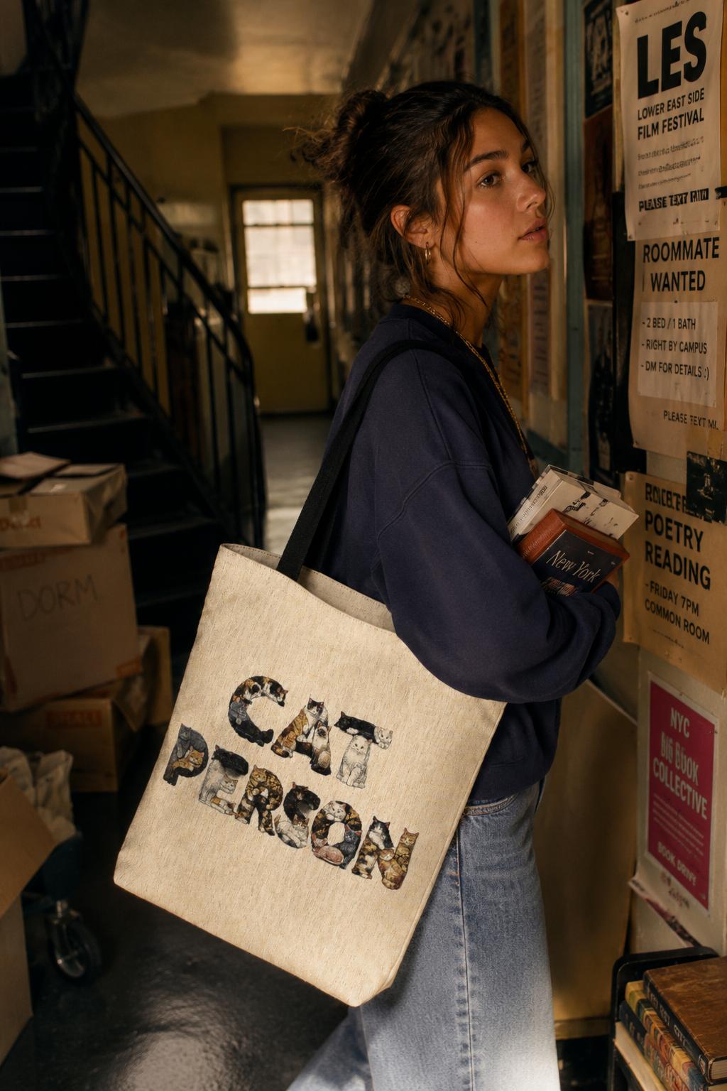 Gen Z college student carrying the Cat Person woven tote bag through an indie-style New York City dorm hallway