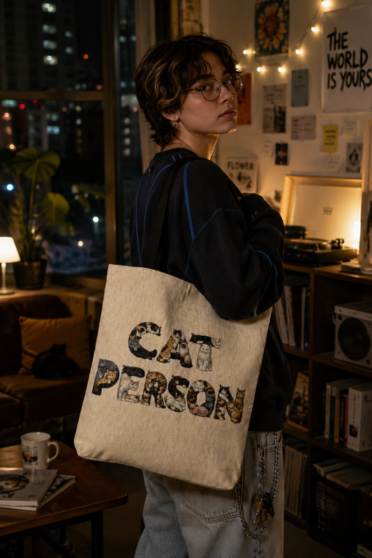 Gen Z college student carrying the Cat Person woven tote bag in a dramatic New York City dorm room at night