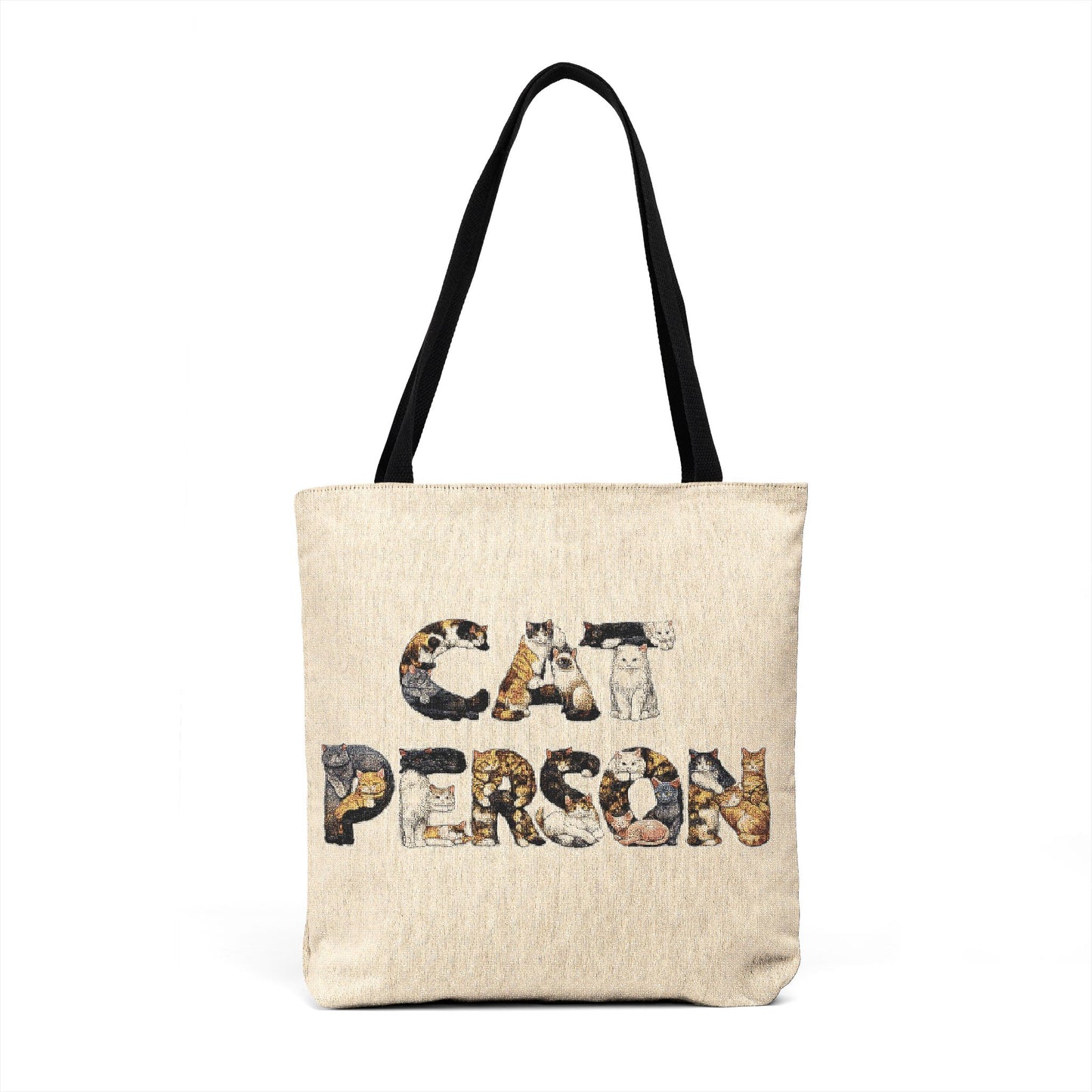 Cat Person woven tote bag featuring a beige woven body, black cotton shoulder straps and cat illustration lettering, back view