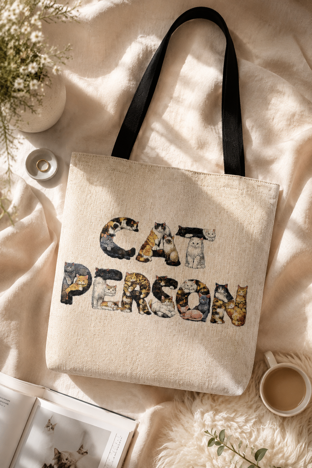 Cat Person woven tote bag styled on soft neutral bedding with coffee and cozy cat lover accessories