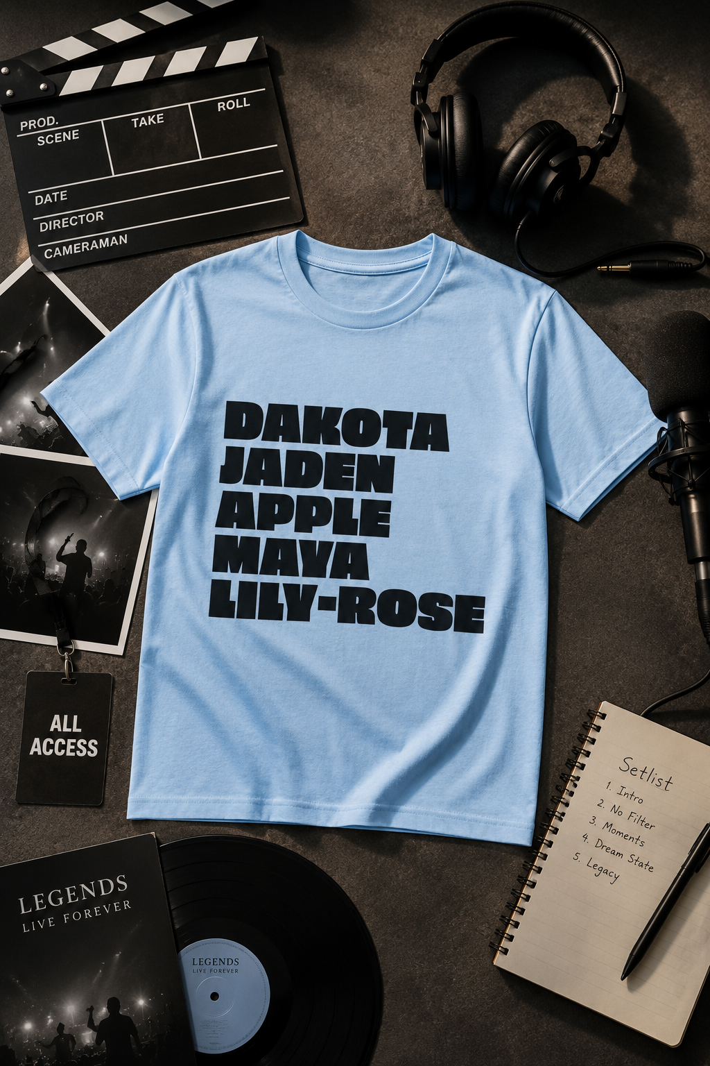 Celebrity kids names graphic t-shirt featuring Dakota, Jaden, Apple, Mava, and Lily-Rose displayed in an entertainment-themed editorial flat-lay with film, music, and media production accessories