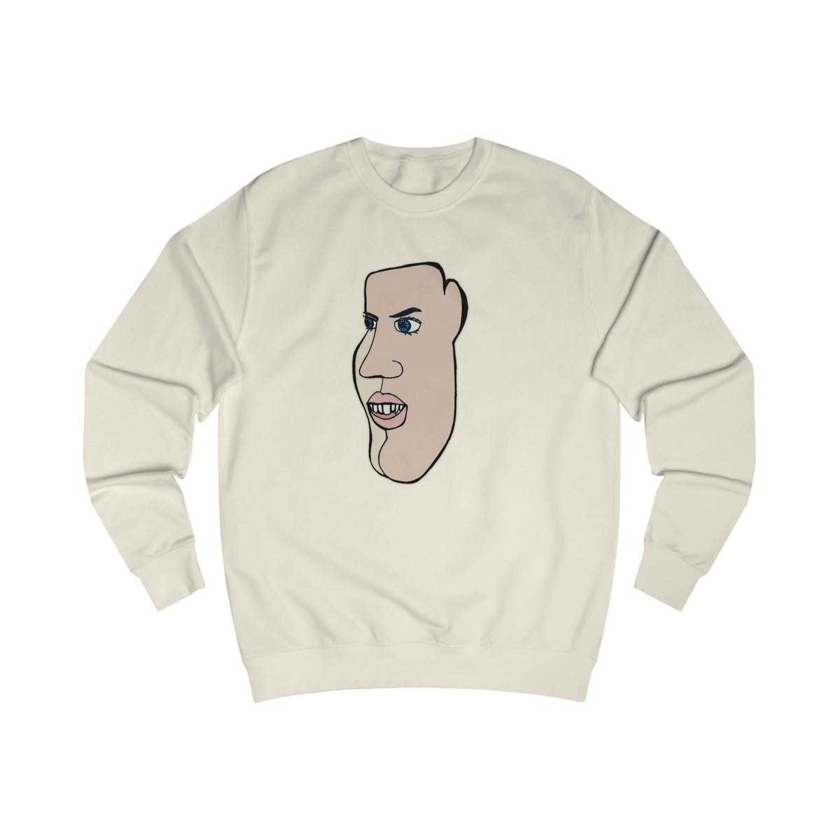Front view of cream Charlie sweatshirt with hand-drawn illustrated face artwork.