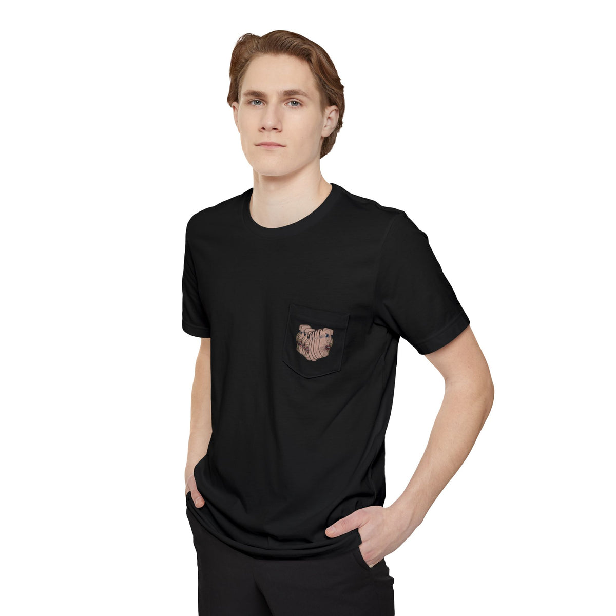 Man wearing the Charlie Deluxe abstract face pocket T-shirt in black