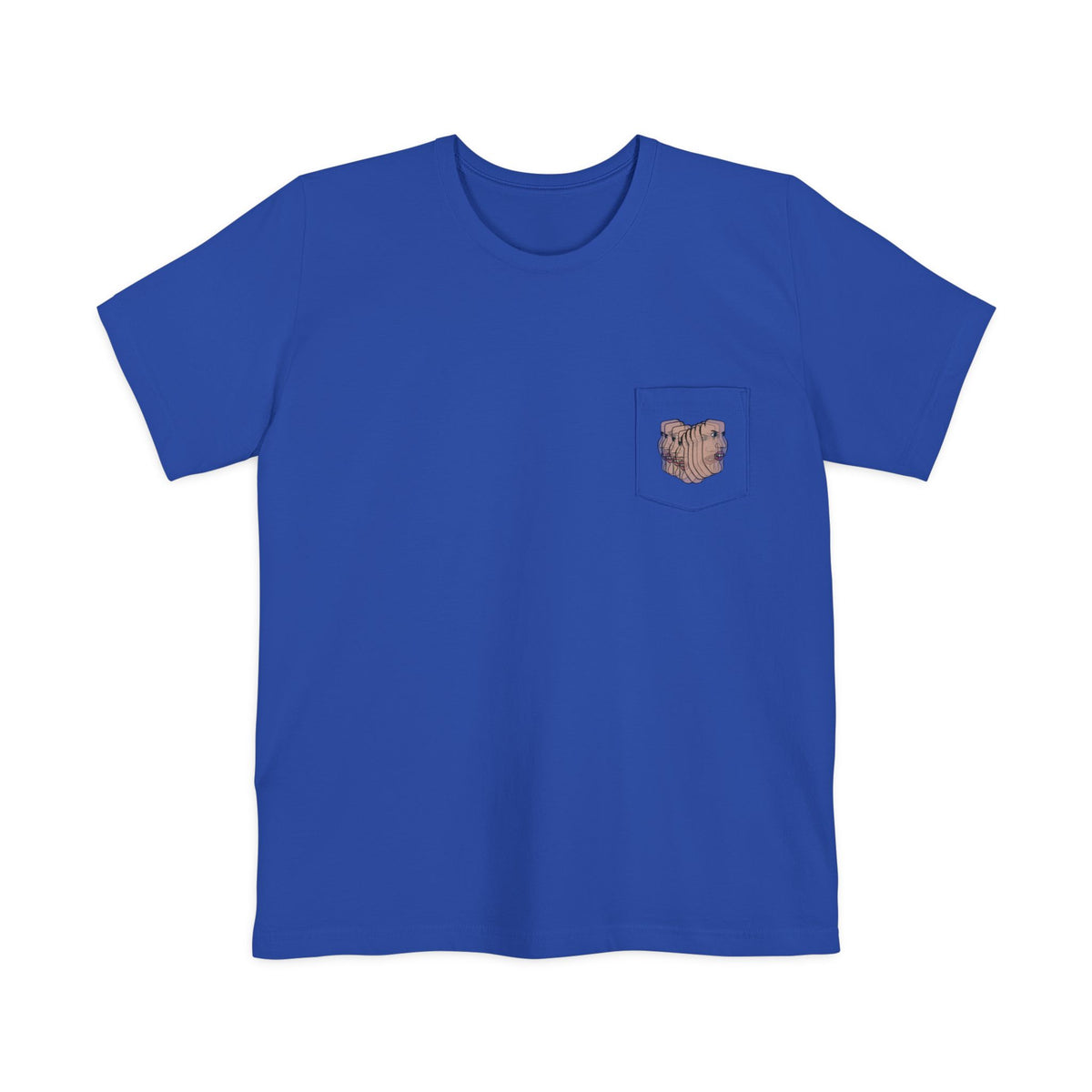 Charlie Deluxe abstract face pocket T-shirt in blue, front view