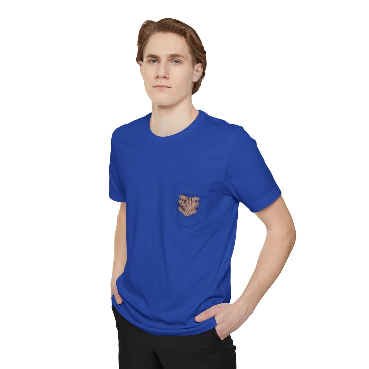 Man wearing the Charlie Deluxe abstract face pocket T-shirt in blue