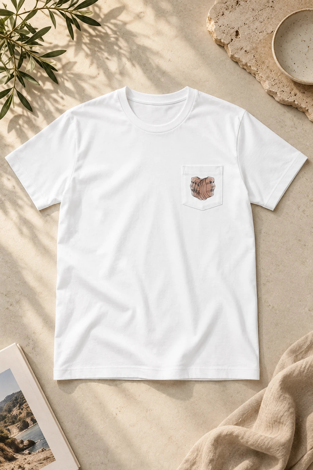 Charlie Deluxe abstract face pocket T-shirt in white, editorial flat lay front view