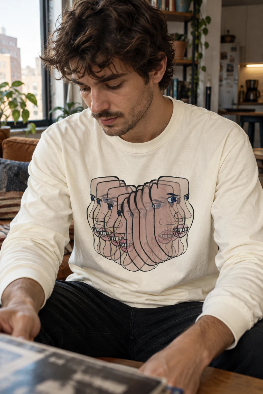 Millennial man wearing Charlie Deluxe ivory abstract face long sleeve T-shirt in an urban apartment
