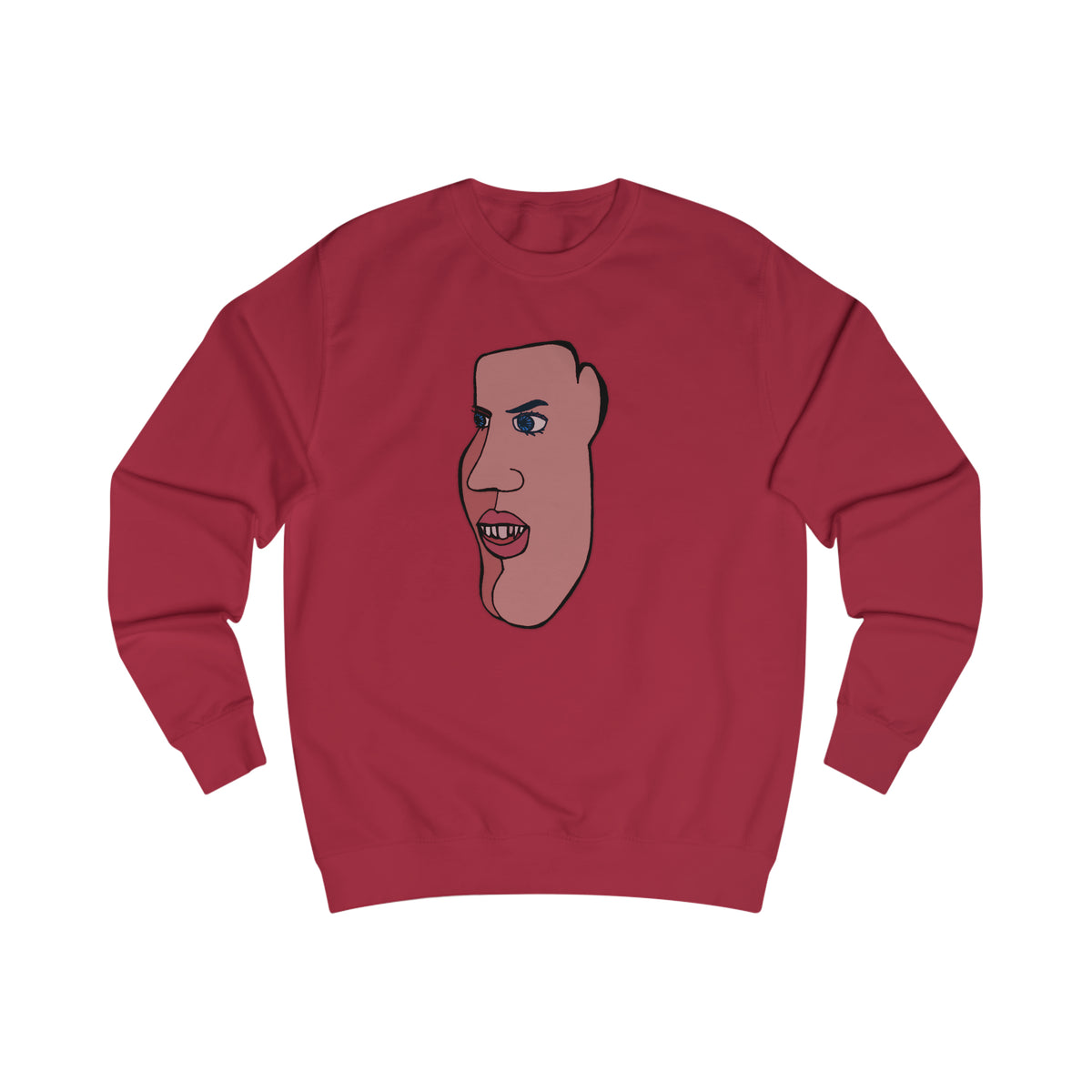 Front view of red Charlie sweatshirt with original hand-drawn face graphic.
