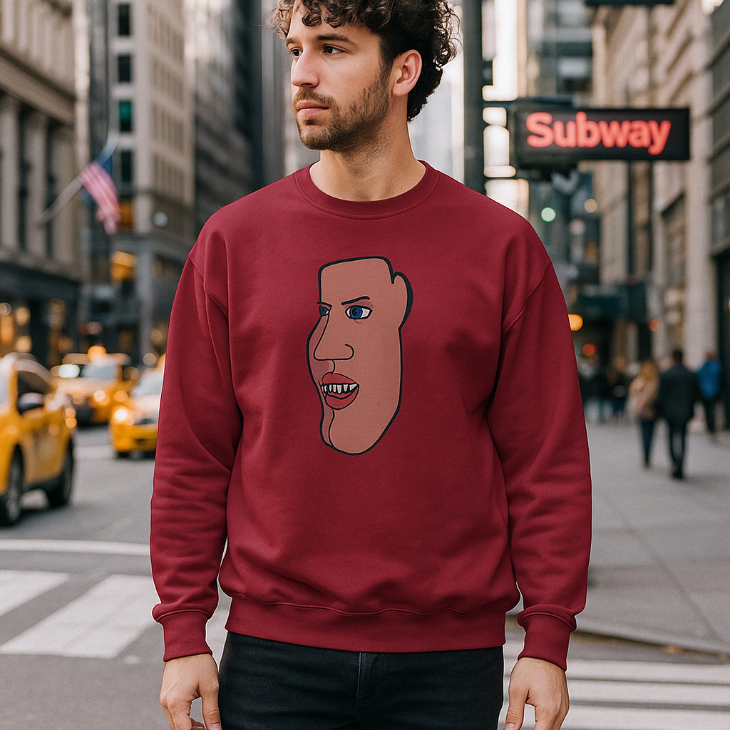 Man wearing the red Charlie graphic sweatshirt on a New York City street.