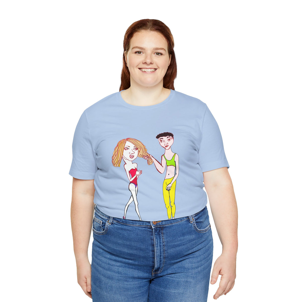 Plus-size model in a light blue Charlotte and Van hand-drawn couple tee, confidently showing the design front and center.
