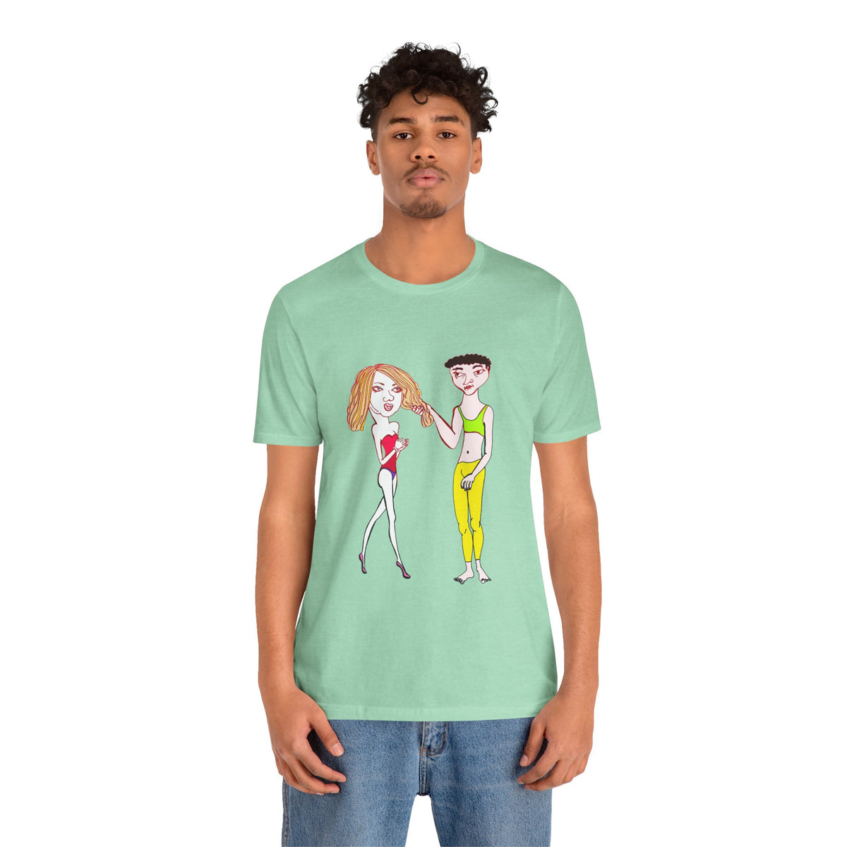 Man wearing mint Charlotte & Van graphic T-shirt with original couple artwork