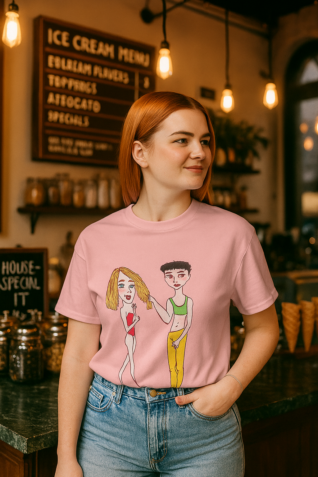 Woman wearing pink Charlotte & Van graphic T-shirt in an urban café