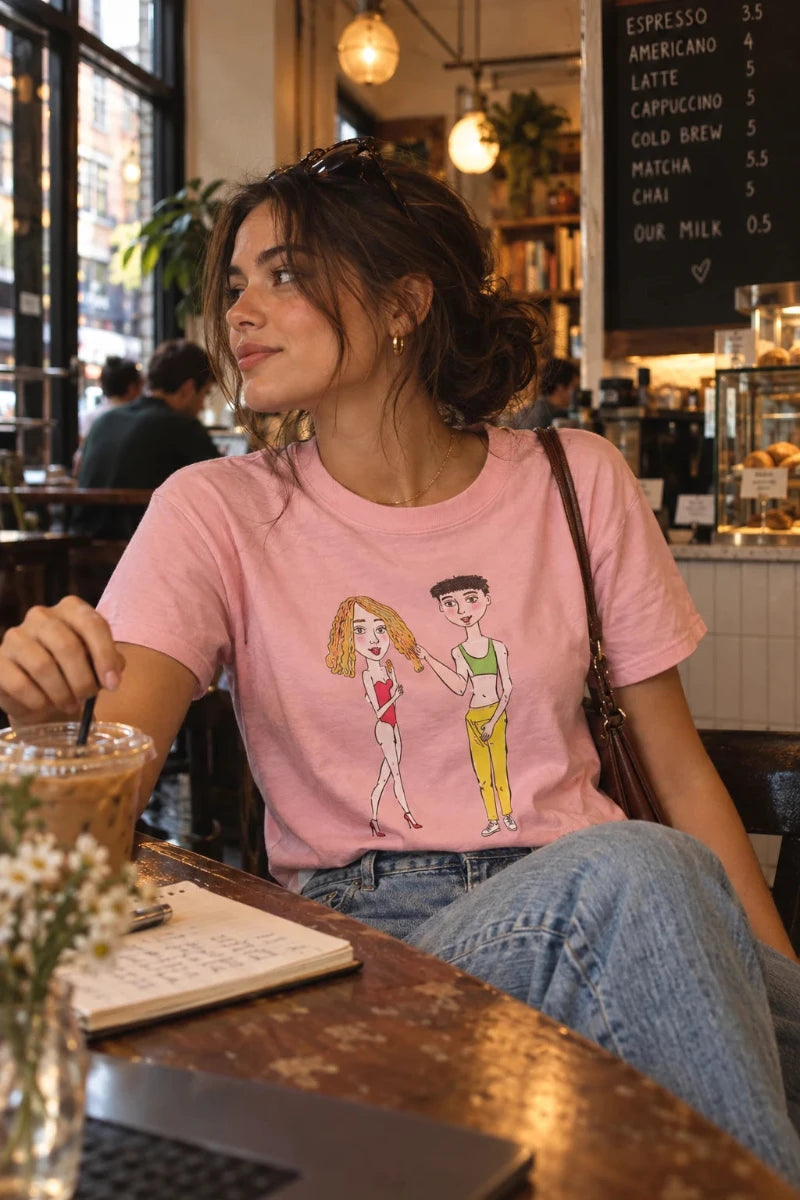 Woman in pink Charlotte & Van original art T-shirt at a coffee shop