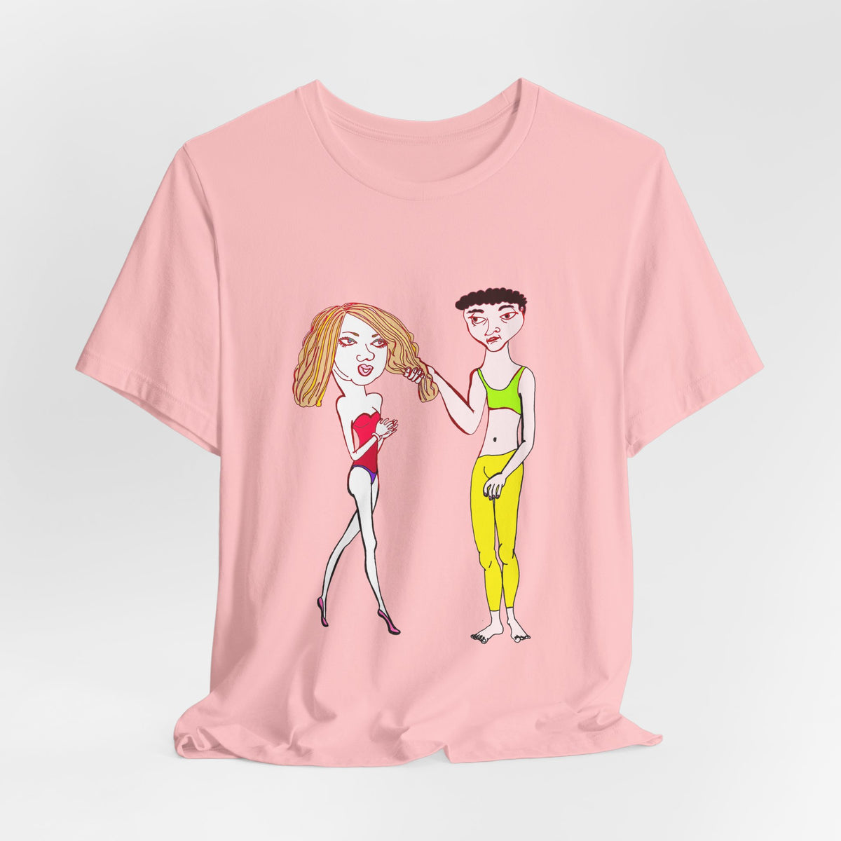 Flat lay of a pink Charlotte and Van hand-drawn couple tee with playful illustrated couple design centered.
