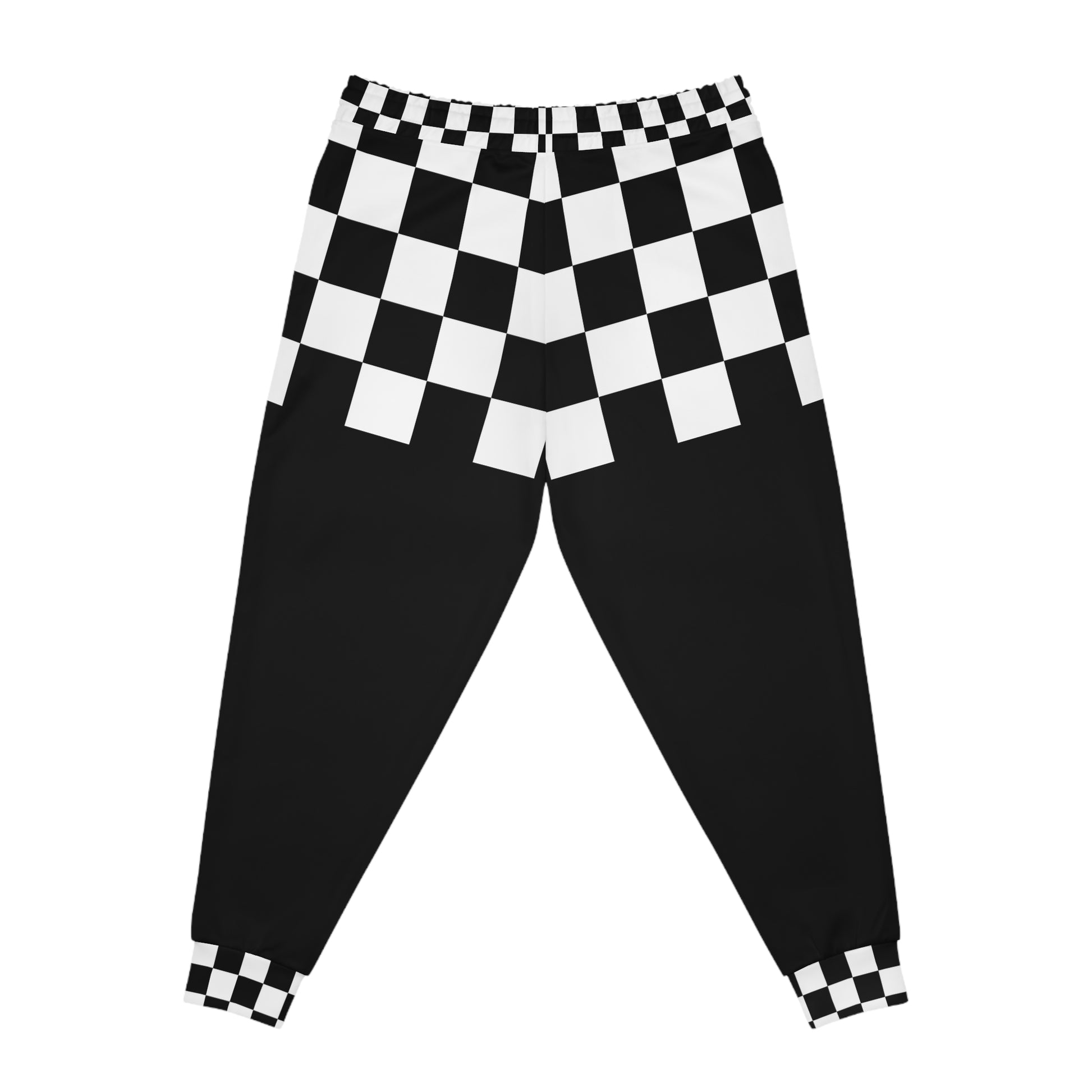 Back view of Chess Clash Checkerboard Joggers with all-over checkerboard pattern and tapered streetwear silhouette.