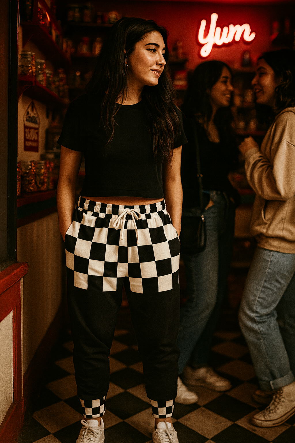 Female Gen Z wearing Chess Clash Checkerboard Joggers in a trendy nightlife setting with alternative streetwear styling.