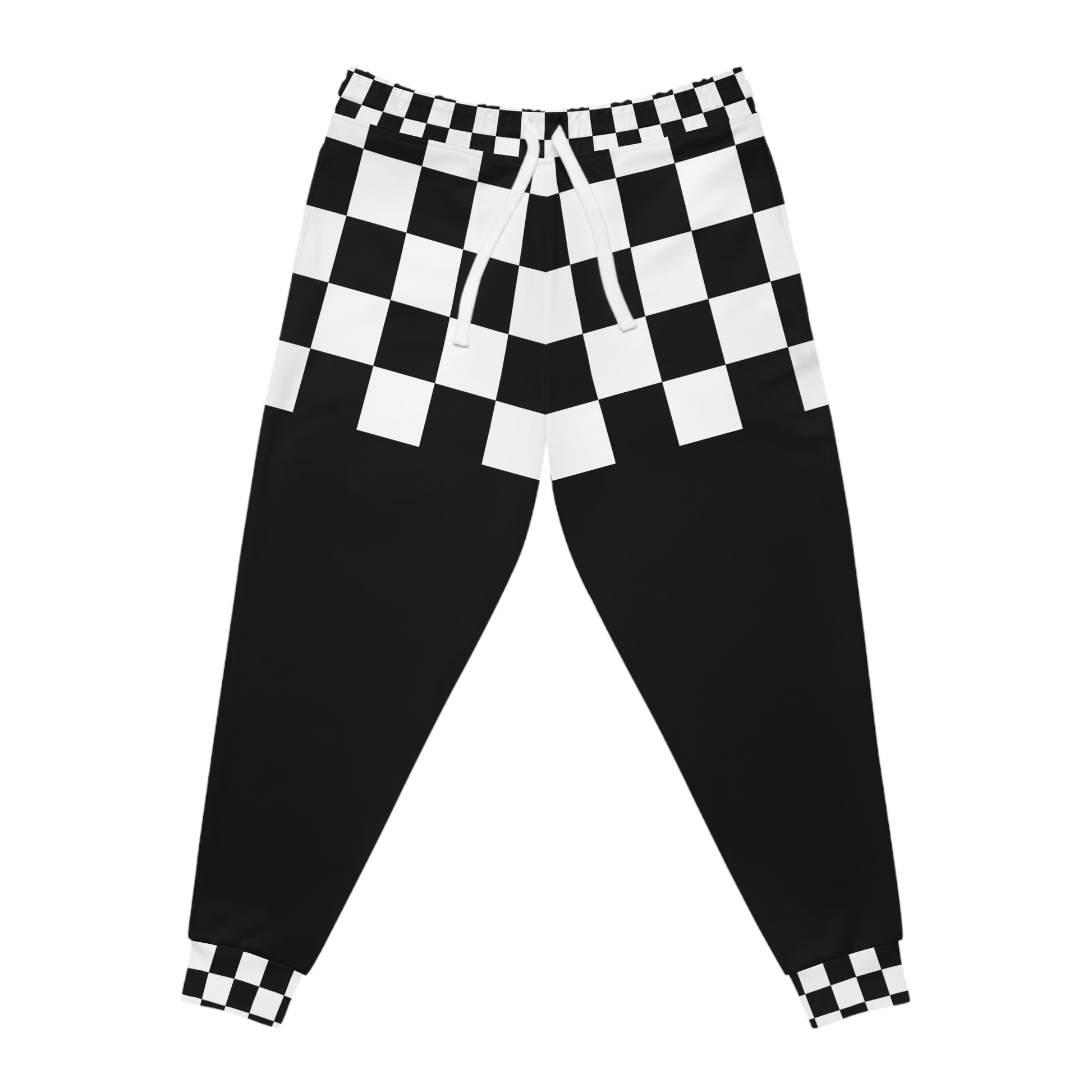 Front view of Chess Clash Checkerboard Joggers featuring a bold black and white checkered design and relaxed fit.