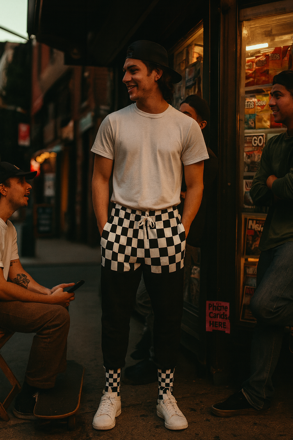 Checkerboard joggers featuring a bold black and white chess-inspired design, lightweight unisex streetwear lounge pants