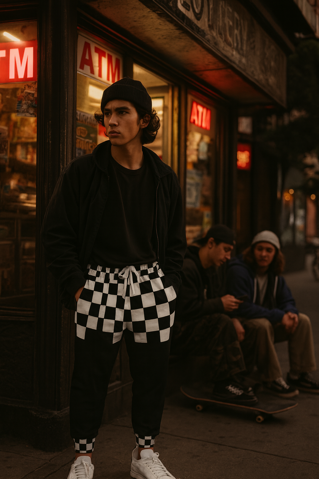 Gen Z male wearing checkerboard joggers in a city nightlife scene, showcasing alternative streetwear fashion.