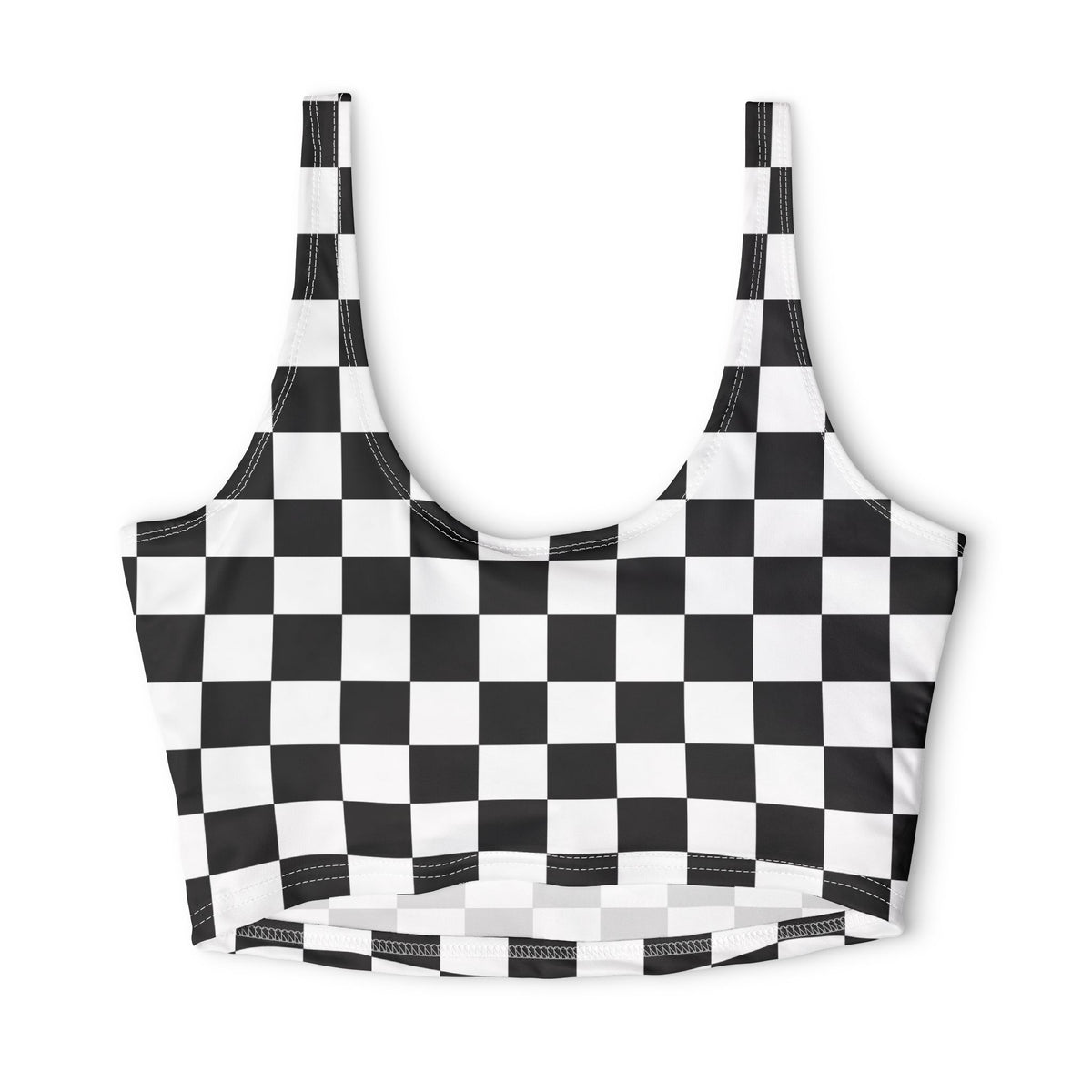 Back view of black and white checkerboard sports bra featuring a U-shaped neckline, wide straps and cropped hem on a white background.