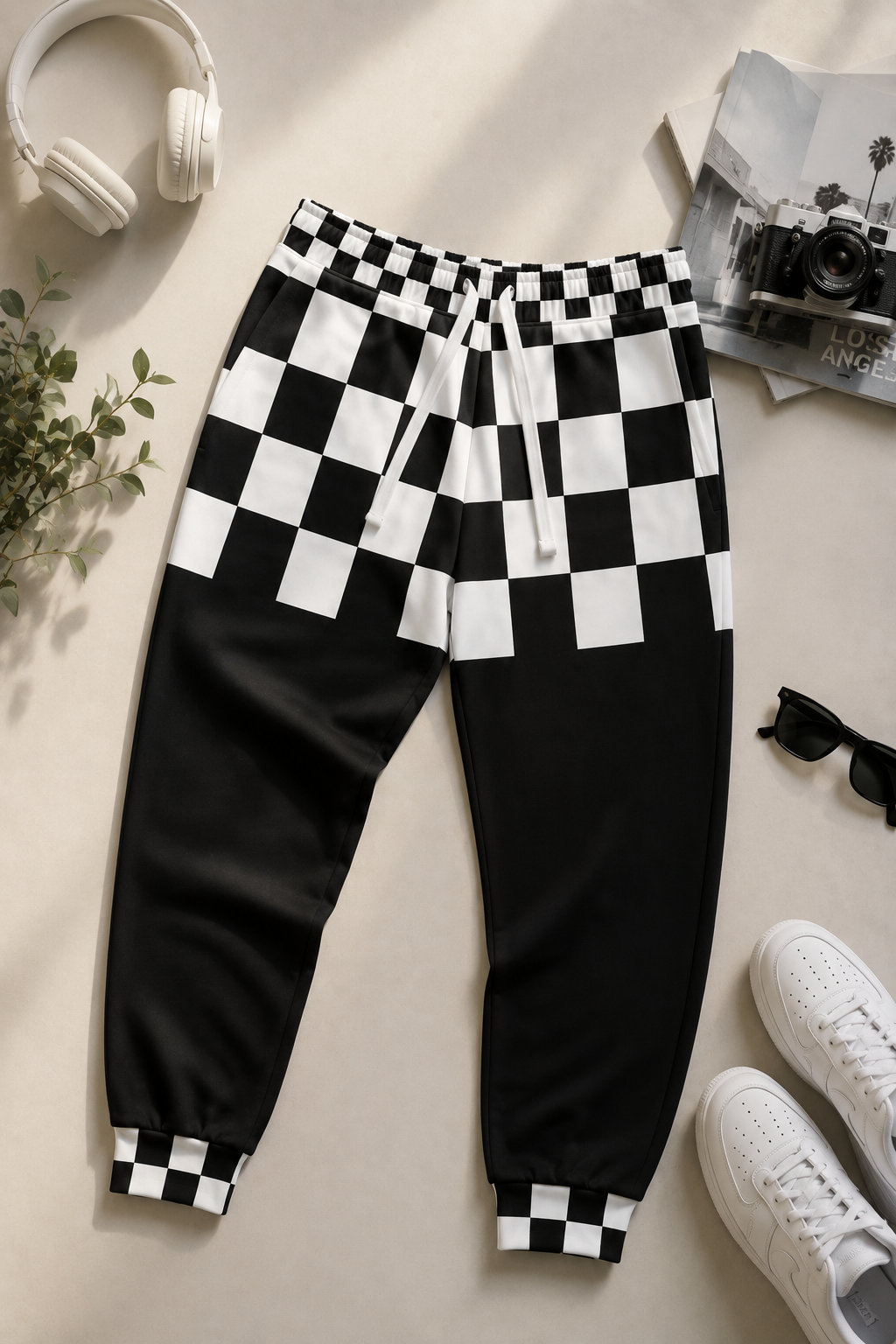 Chess Clash Joggers featuring a bold black and white checkerboard design in a premium editorial flat-lay mockup, styled on a soft beige gradient background with modern lifestyle accessories. Unisex streetwear joggers with a relaxed fit, soft fabric, and gaming-inspired aesthetic.