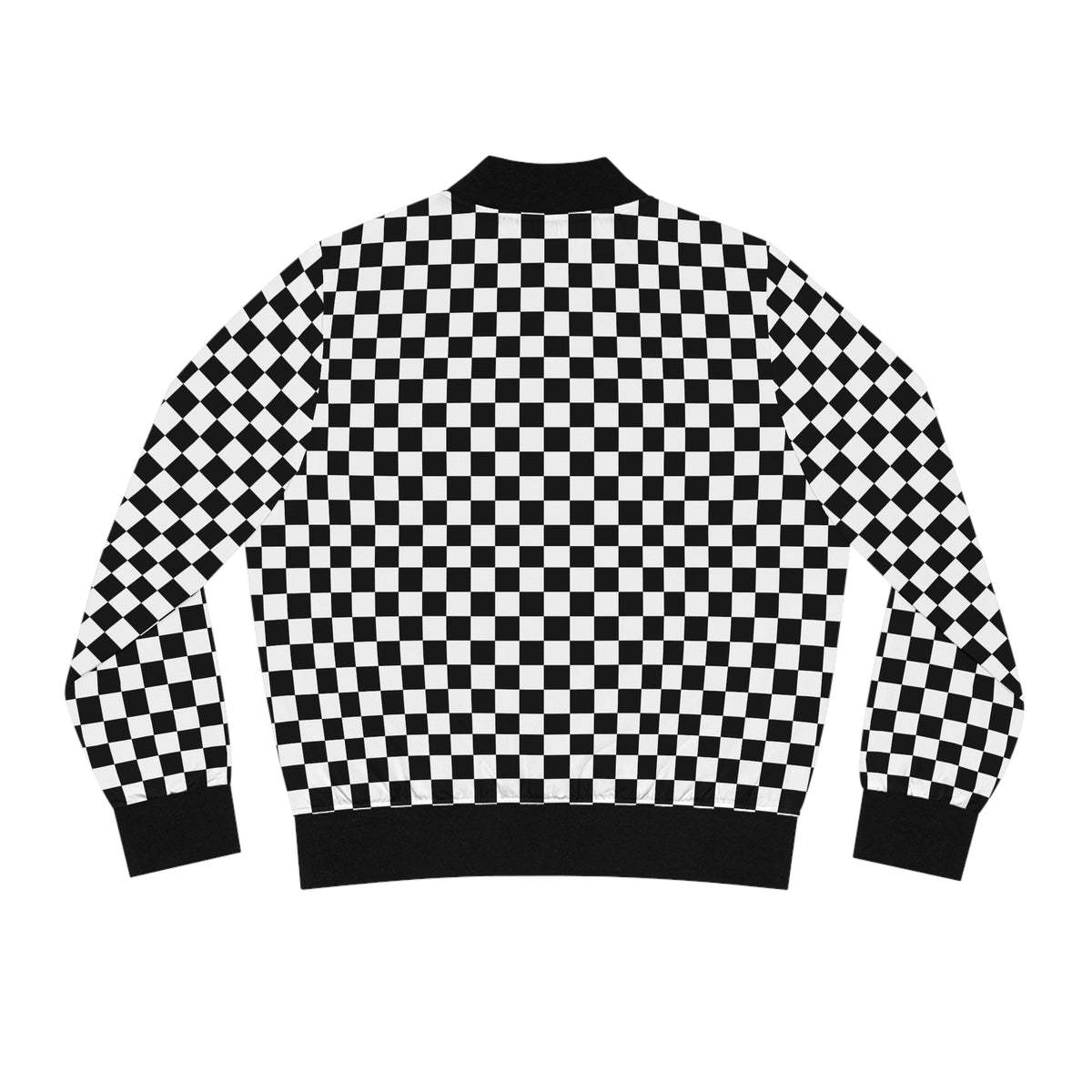 Back view of the Chess Pattern Women’s Bomber Jacket with black and white checkered pattern