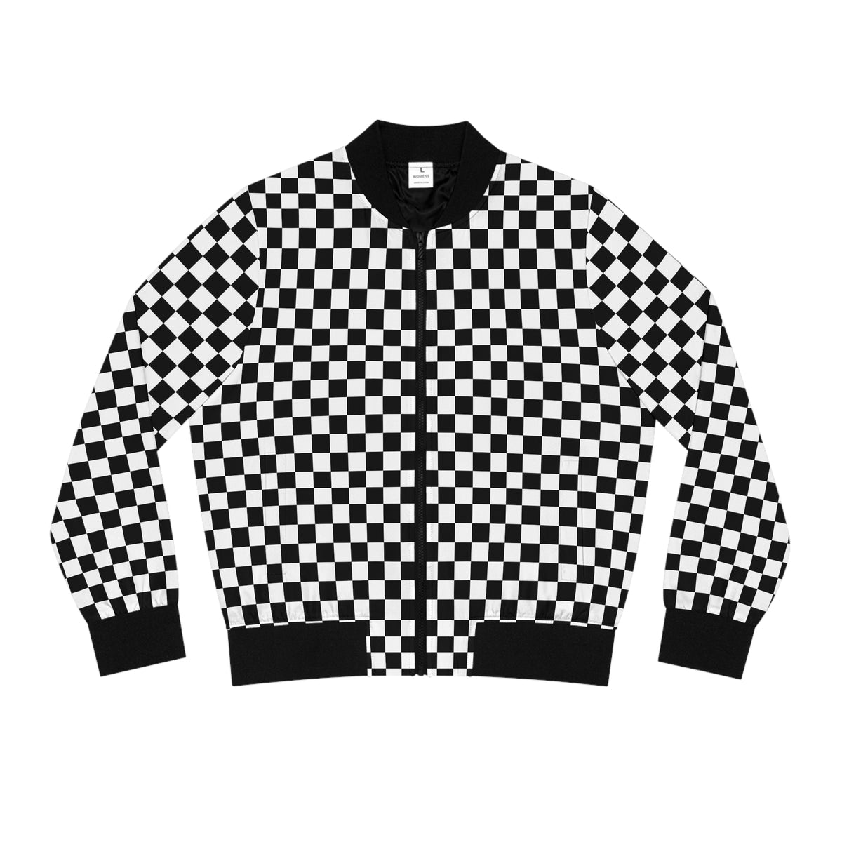 Front view of the Chess Pattern Women’s Bomber Jacket with black and white checkered pattern