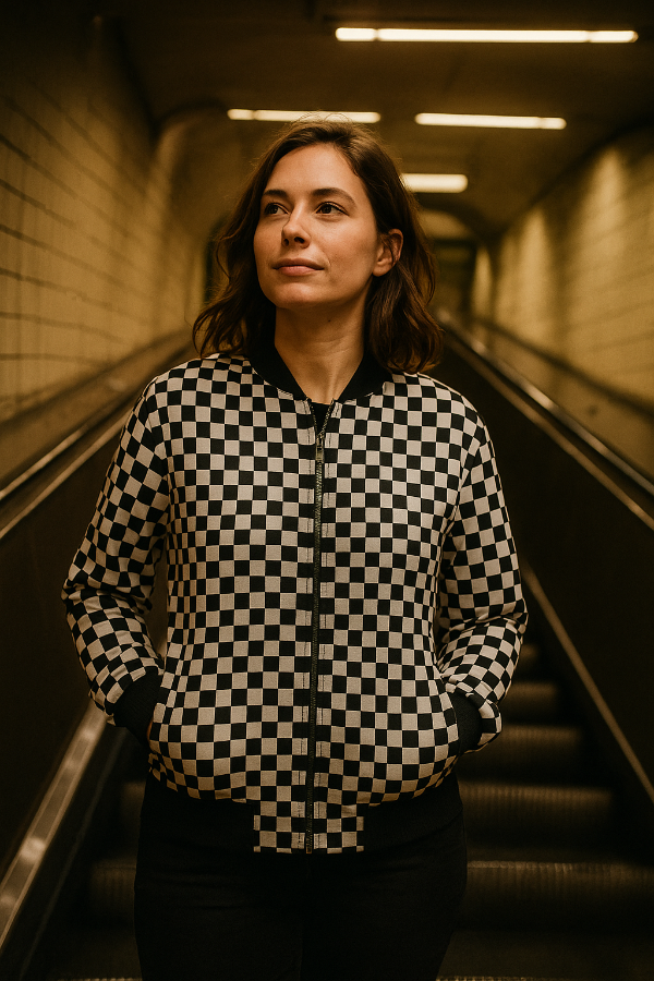 Woman wearing the Chess Pattern Bomber Jacket in black and white checkered print in an urban subway setting