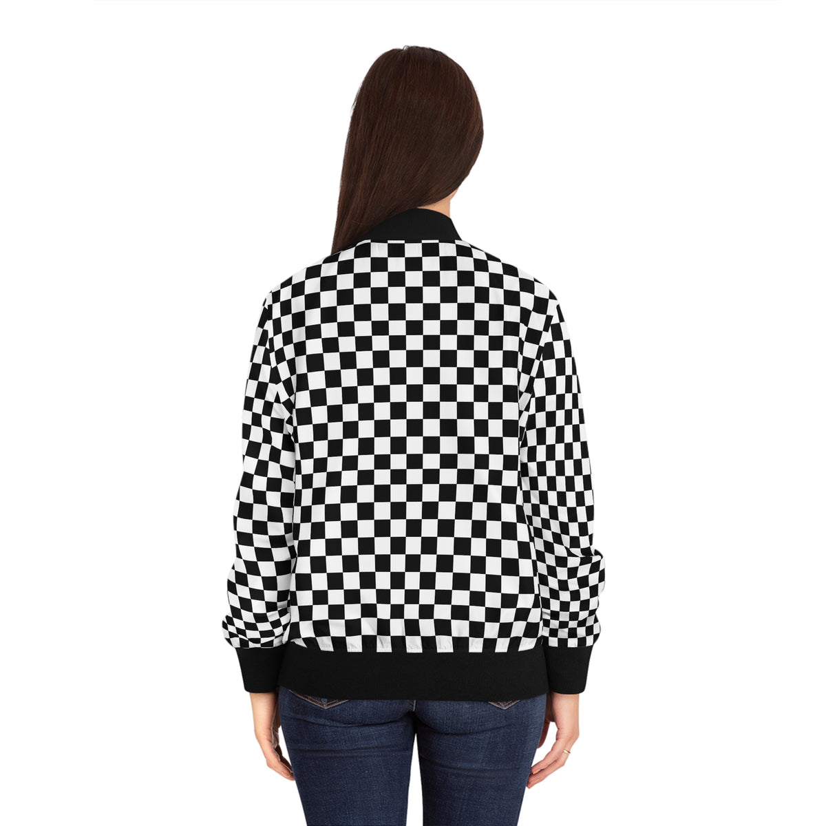 Female model wearing the black and white Chess Pattern Women’s Bomber Jacket from the back