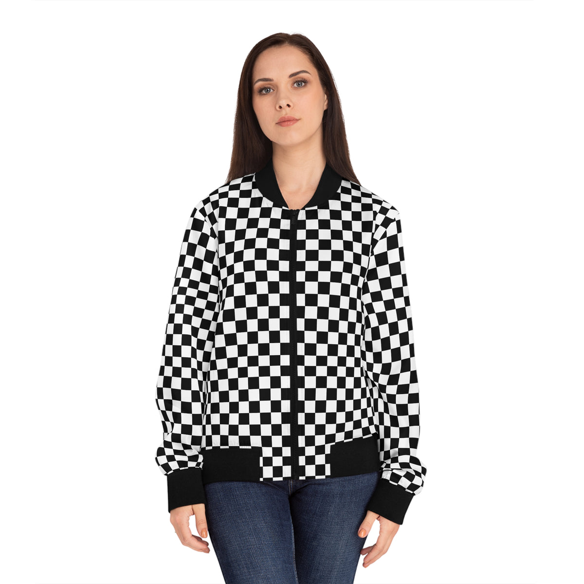 bomber-jacket-model-front.webpFemale model wearing the black and white Chess Pattern Women’s Bomber Jacket from the front