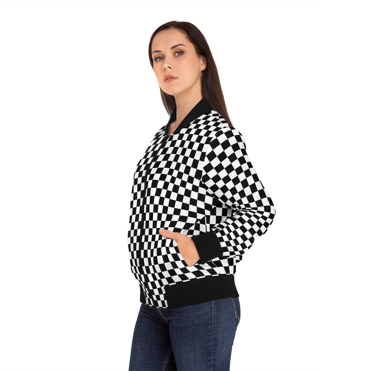 Side view of female model wearing the black and white Chess Pattern Women’s Bomber Jacket