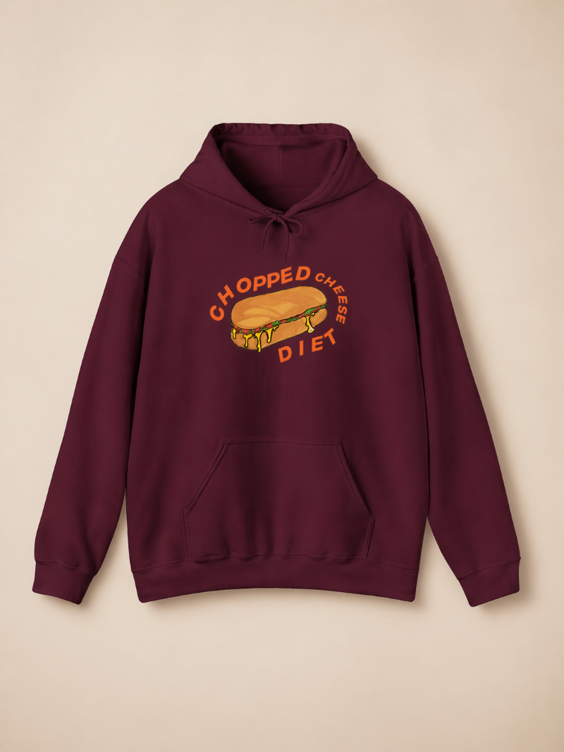 Burgundy chopped cheese hoodie front view featuring sandwich graphic, unisex streetwear hoodie with NYC food theme.