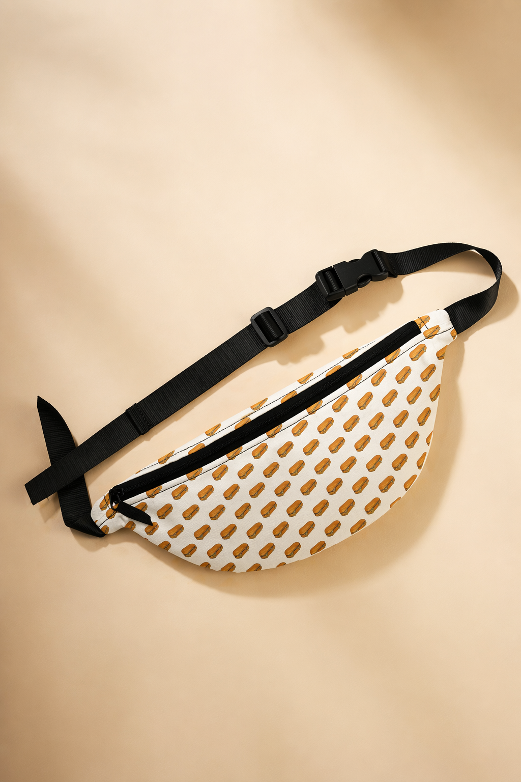 Chopped-cheese inspired NYC fanny-pack flat product image on neutral background