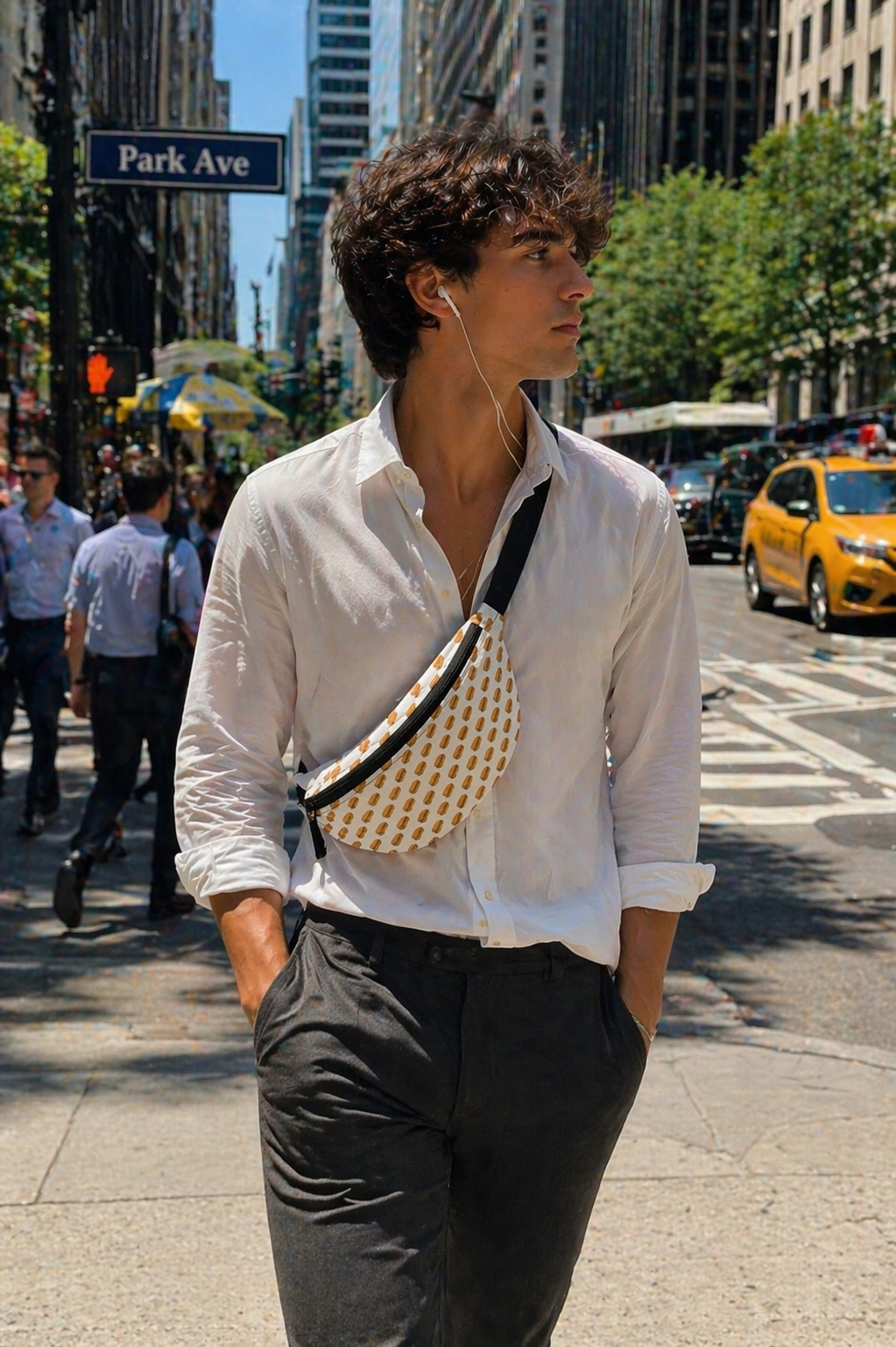 Young man wearing chopped-cheese fanny-pack walking through New York City street