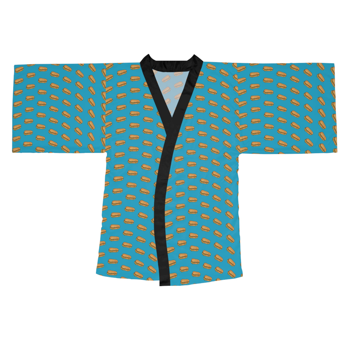 Chopped Cheese Kimono Robe front view with teal sandwich print and black trim